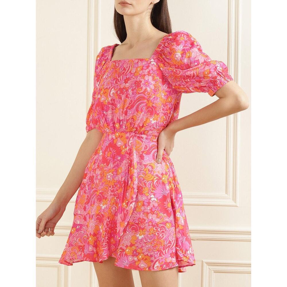 Ted Baker Pink Beth Floral Spring Square Neck Puff Sleeve Faux Wrap Mini Dress 4